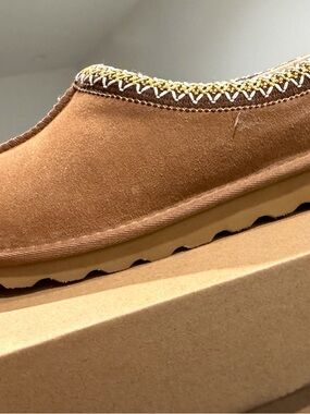 SMITH Suede Slip-On Mule in Chestnut and Gold Trim